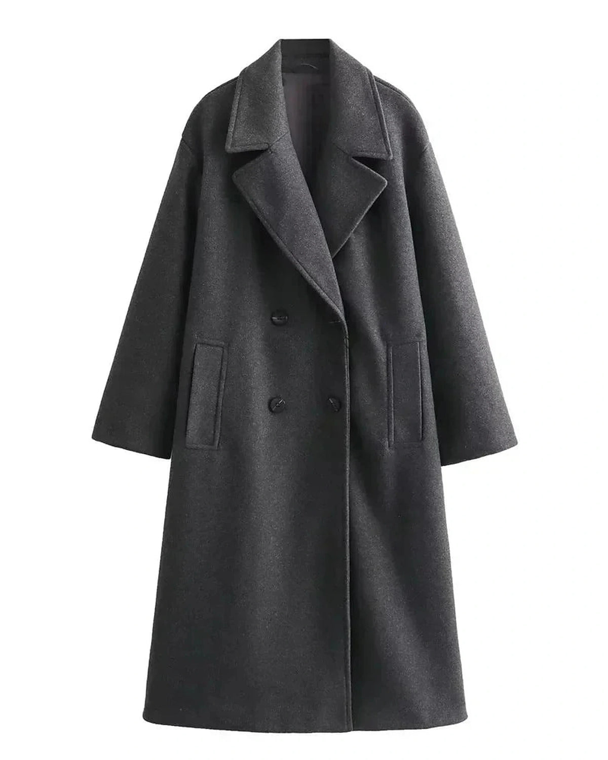 Women's Long Wool Coat, Double-Breasted with Notched Lapel Collar and Belt – Margot