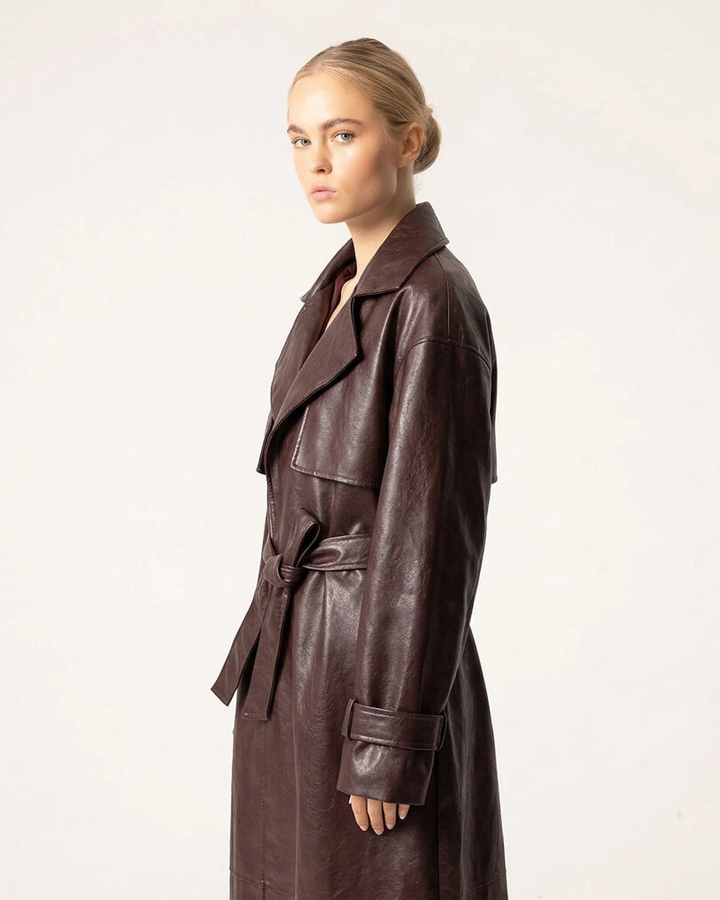 Women's Belted Faux Leather Trench Coat with Oversized Collar – Dora Jane