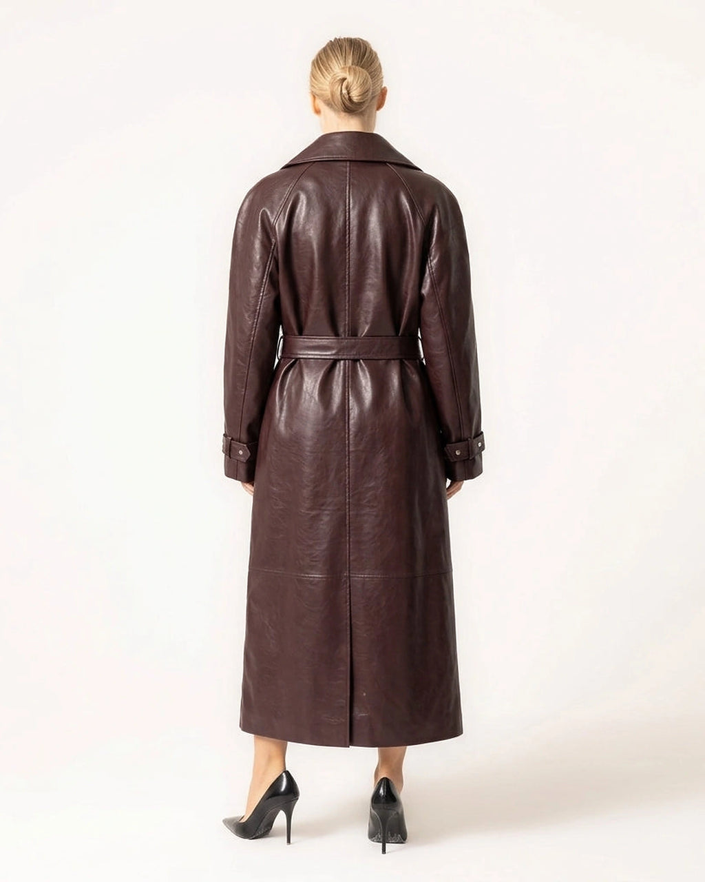 Women's Belted Faux Leather Trench Coat with Oversized Collar – Dora Jane