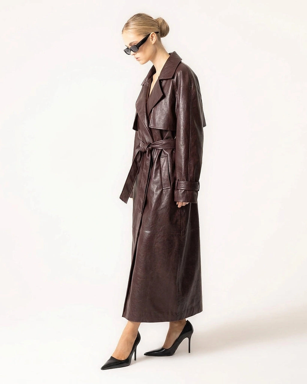Women's Belted Faux Leather Trench Coat with Oversized Collar – Dora Jane