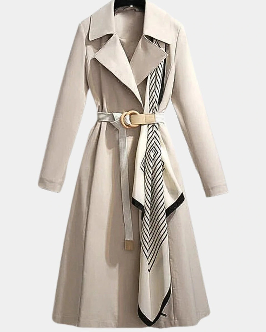 Women's Belted Midi Trench Coat with Asymmetric Scarf Detail – Ivy Jane