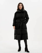 Women's Belted Quilted Puffer Coat with Oversized Collar, Mid-Length Fit – Ivy Rose