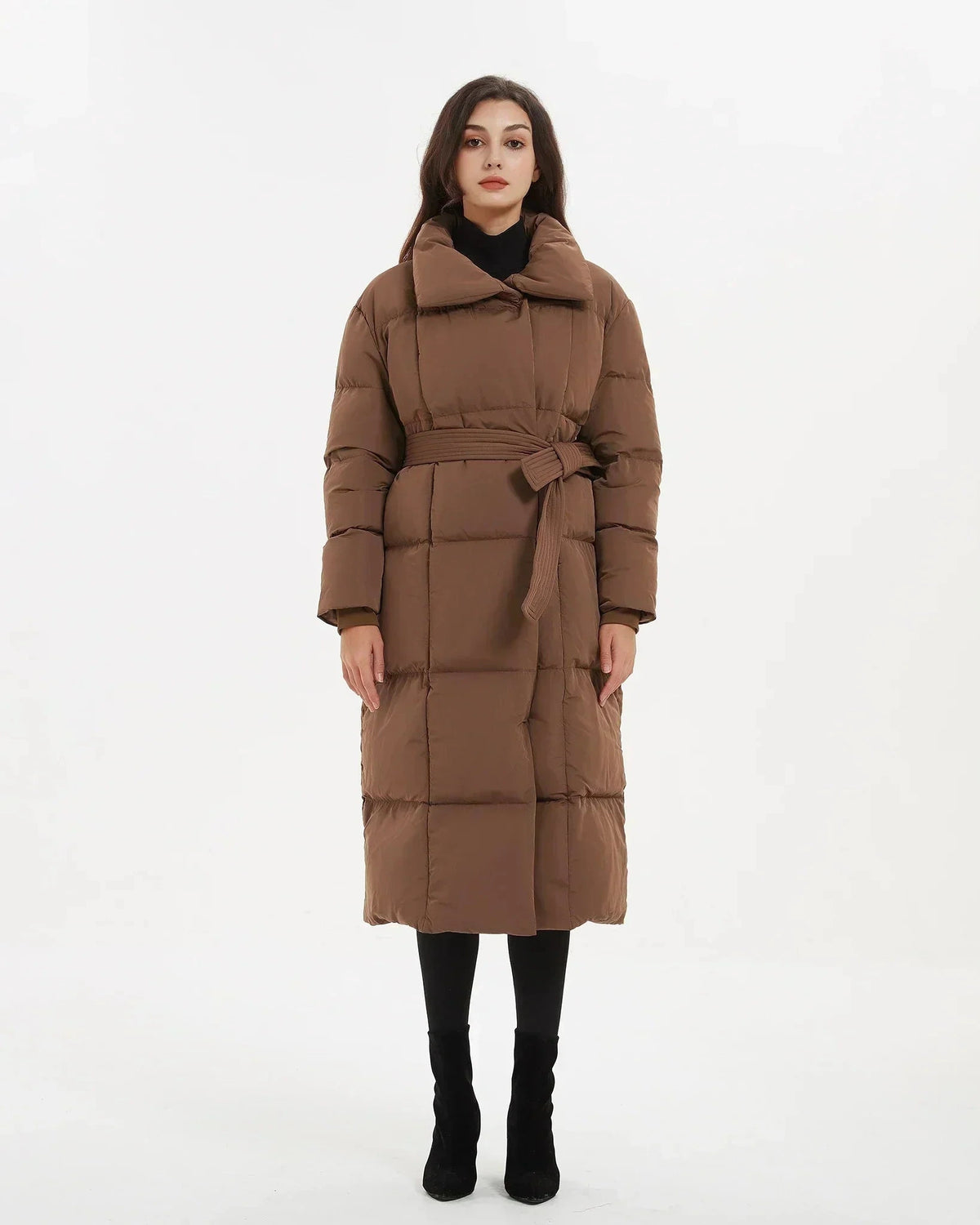 Women's Belted Quilted Puffer Coat with Oversized Collar, Mid-Length Fit – Ivy Rose
