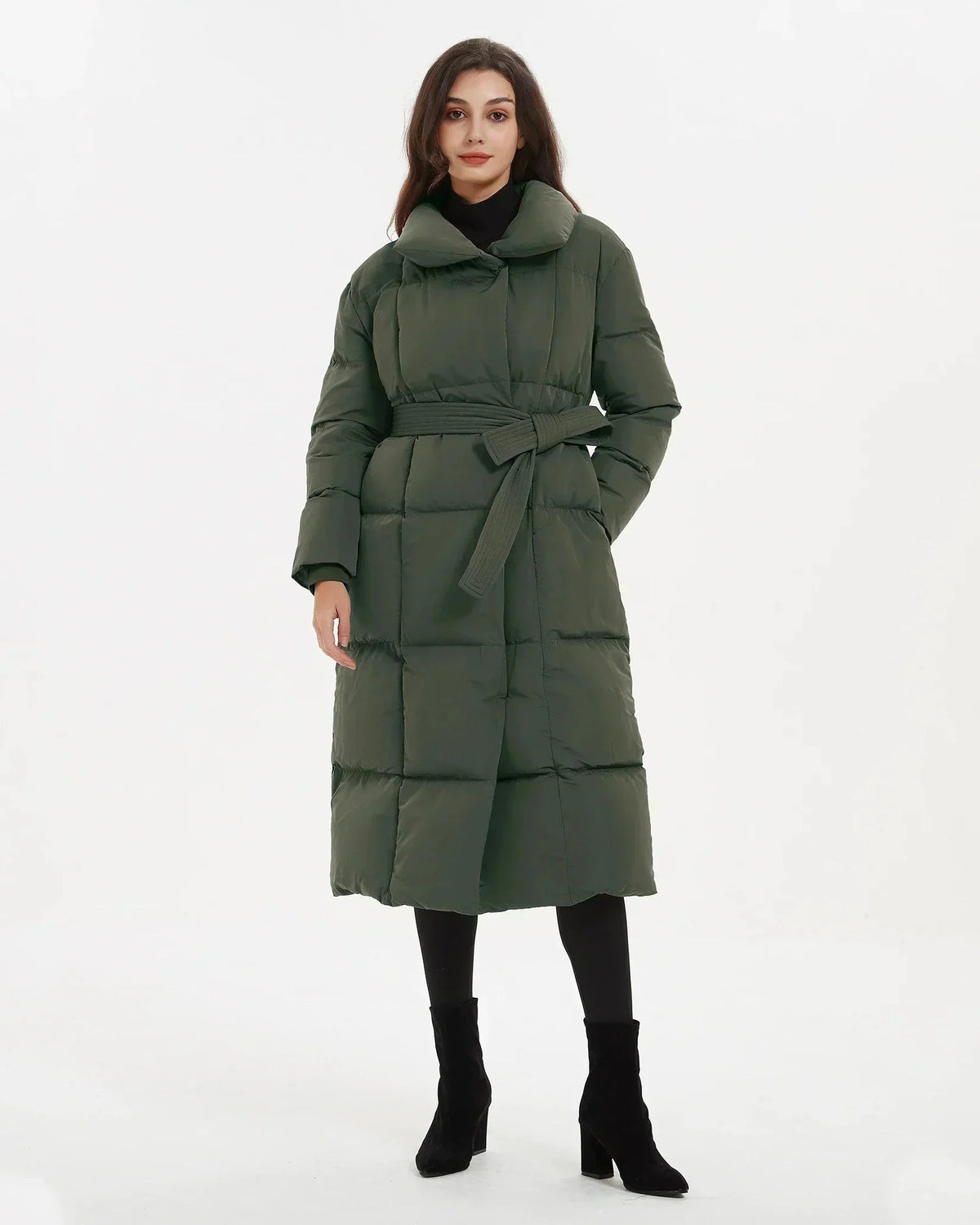 Women's Belted Quilted Puffer Coat with Oversized Collar, Mid-Length Fit – Ivy Rose