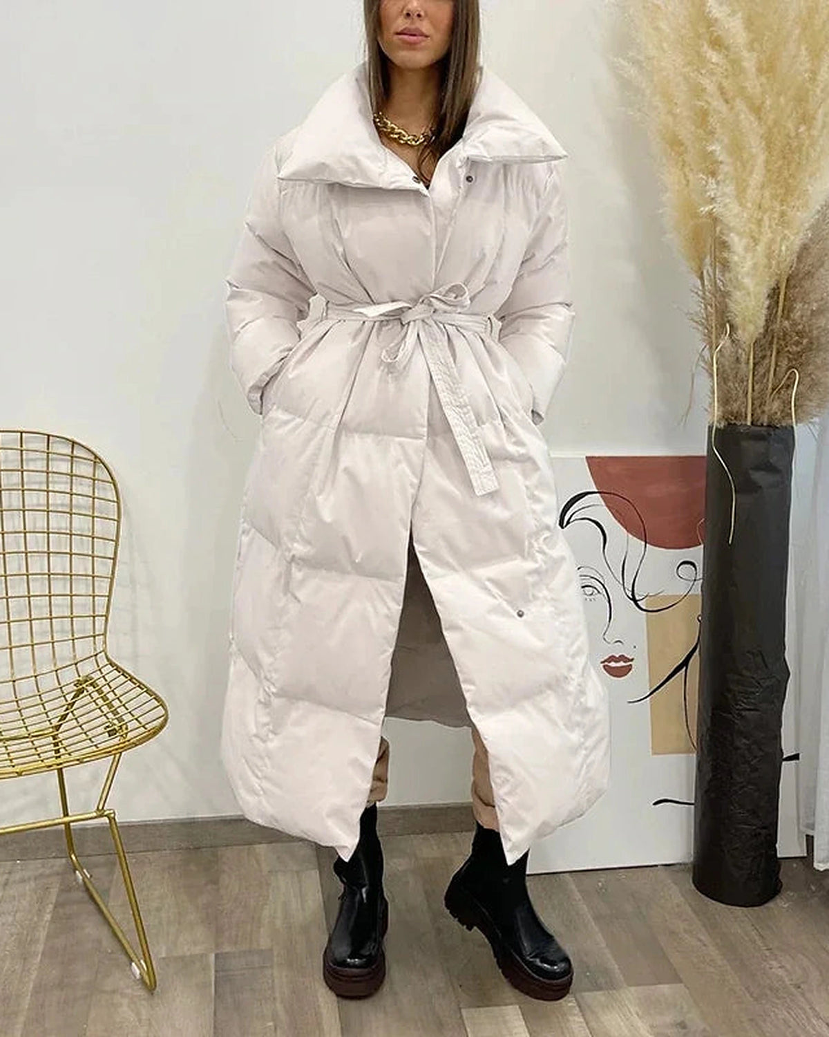 Women's Belted Quilted Puffer Coat with Oversized Collar, Mid-Length Fit – Ivy Rose
