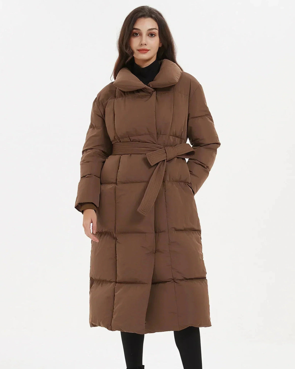 Women's Belted Quilted Puffer Coat with Oversized Collar, Mid-Length Fit – Ivy Rose