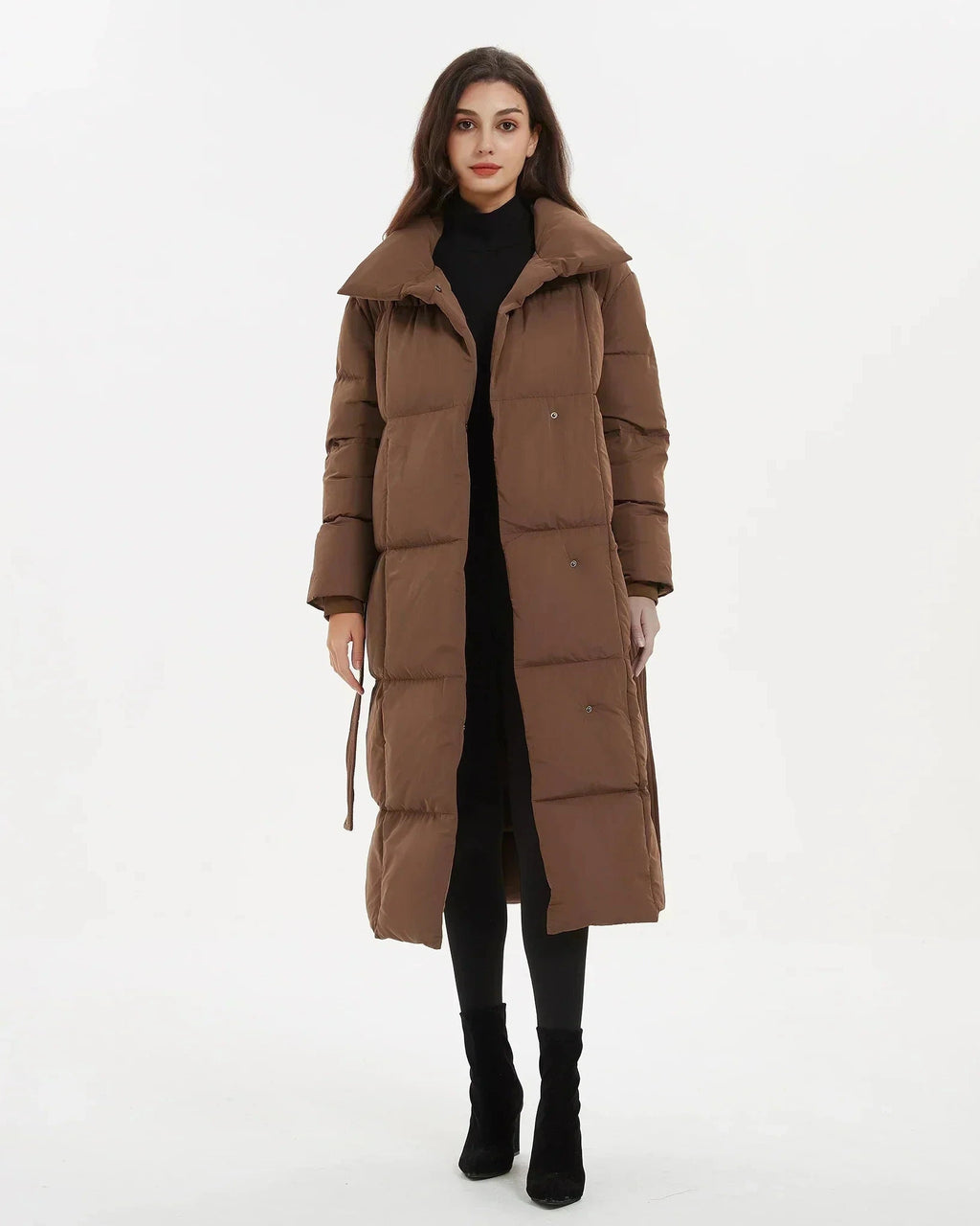 Women's Belted Quilted Puffer Coat with Oversized Collar, Mid-Length Fit – Ivy Rose