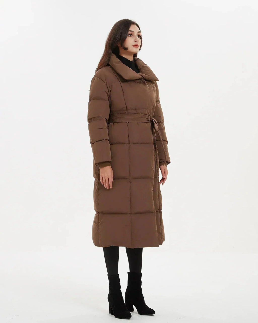 Women's Belted Quilted Puffer Coat with Oversized Collar, Mid-Length Fit – Ivy Rose