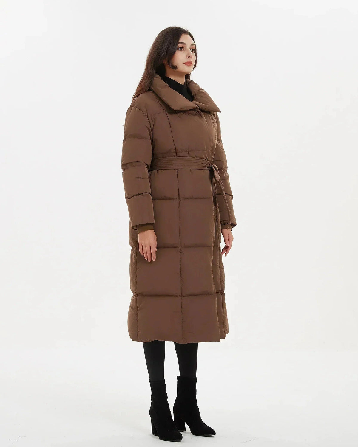 Women's Belted Quilted Puffer Coat with Oversized Collar, Mid-Length Fit – Ivy Rose