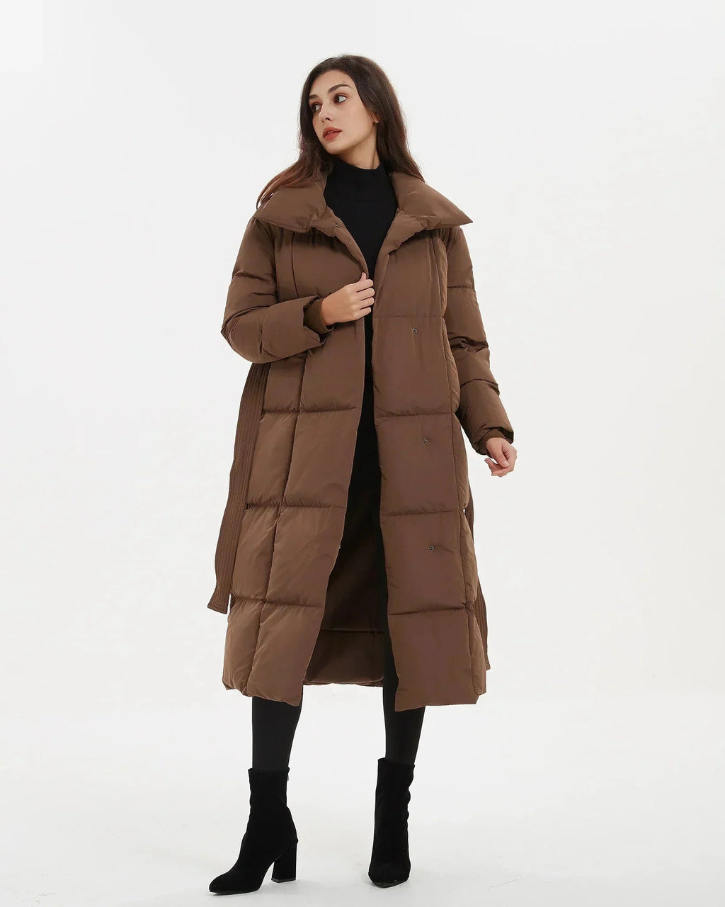 Women's Belted Quilted Puffer Coat with Oversized Collar, Mid-Length Fit – Ivy Rose