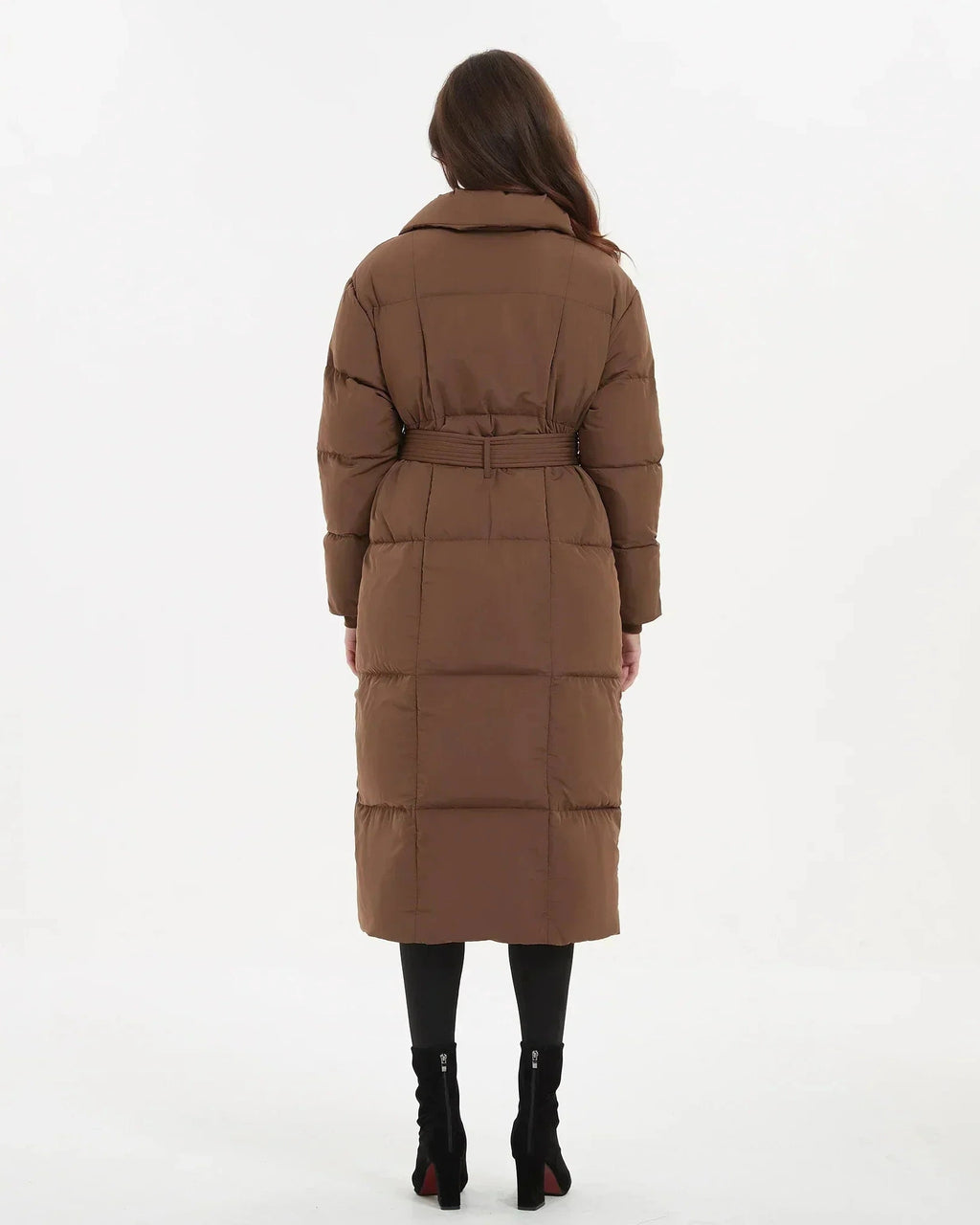 Women's Belted Quilted Puffer Coat with Oversized Collar, Mid-Length Fit – Ivy Rose