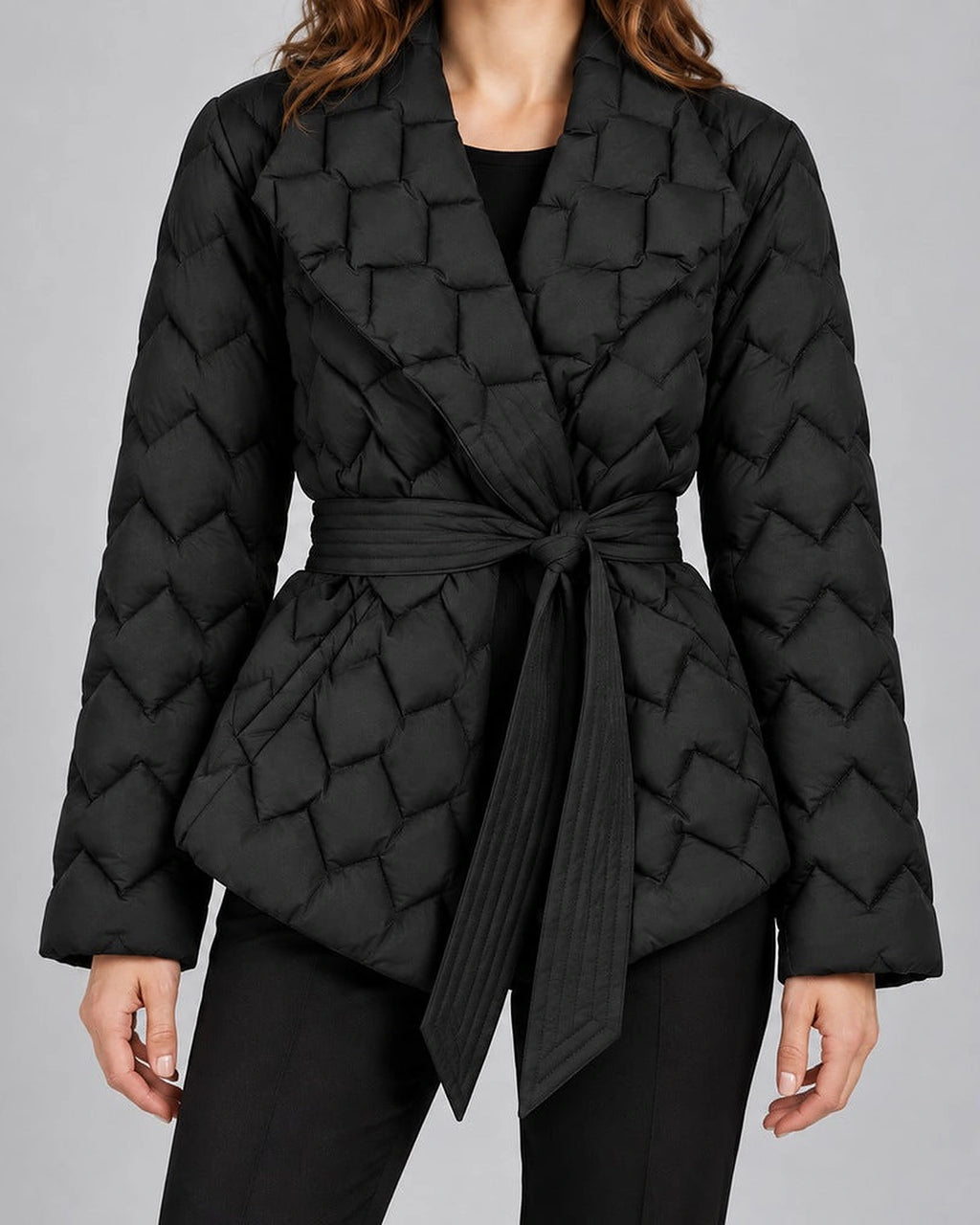 Women's Puffer Jacket with Shawl Collar and Belt, Quilted Wrap Style – Eliza Lou
