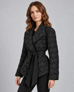 Women's Puffer Jacket with Shawl Collar and Belt, Quilted Wrap Style – Eliza Lou