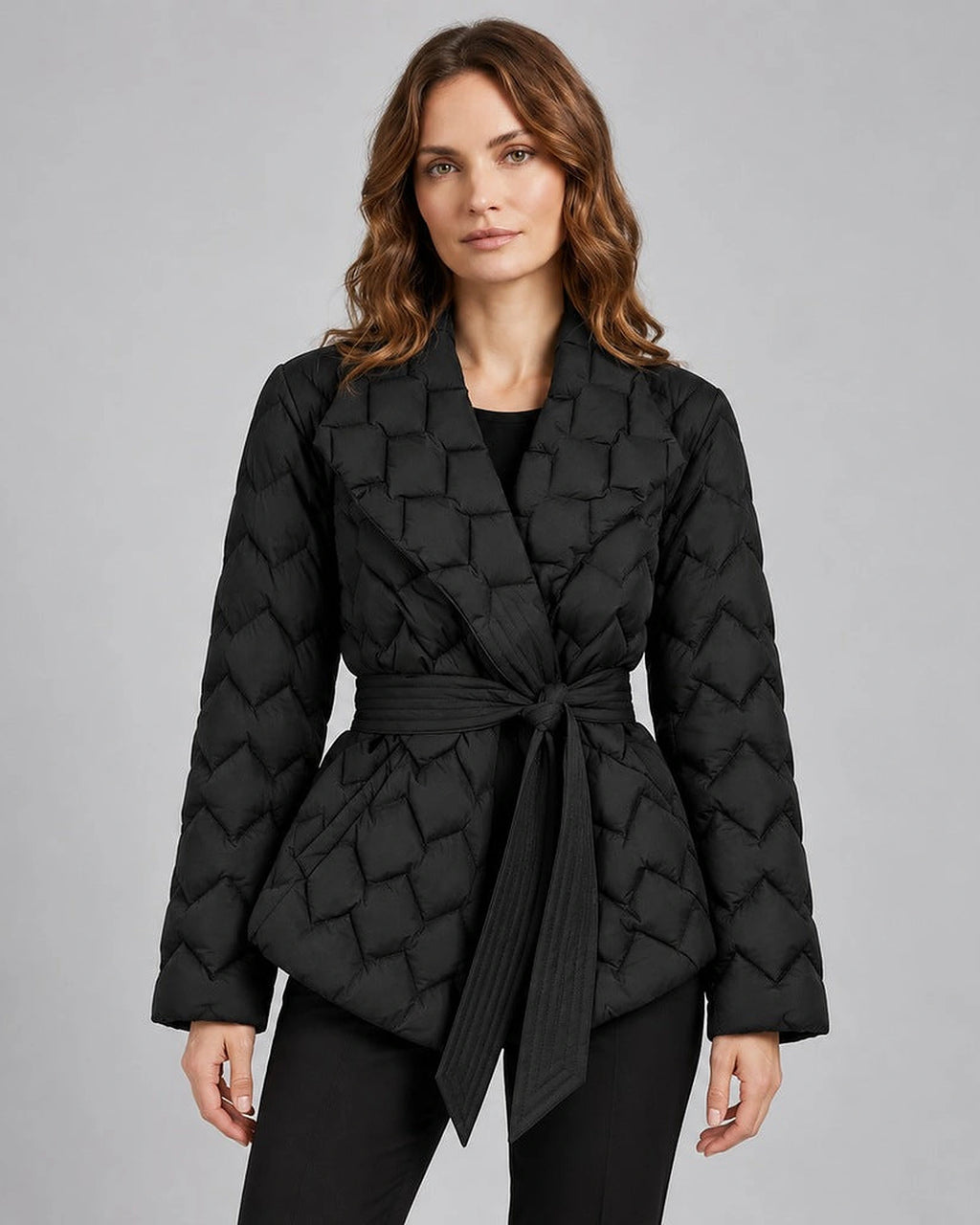 Women's Puffer Jacket with Shawl Collar and Belt, Quilted Wrap Style – Eliza Lou