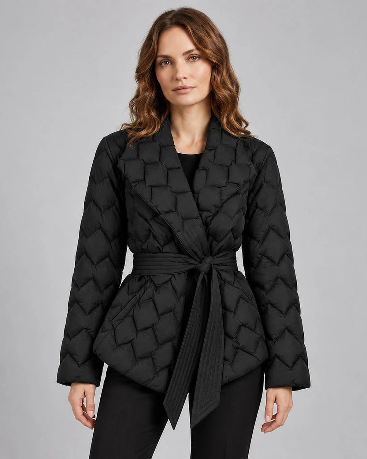 Women's Puffer Jacket with Shawl Collar and Belt, Quilted Wrap Style – Eliza Lou
