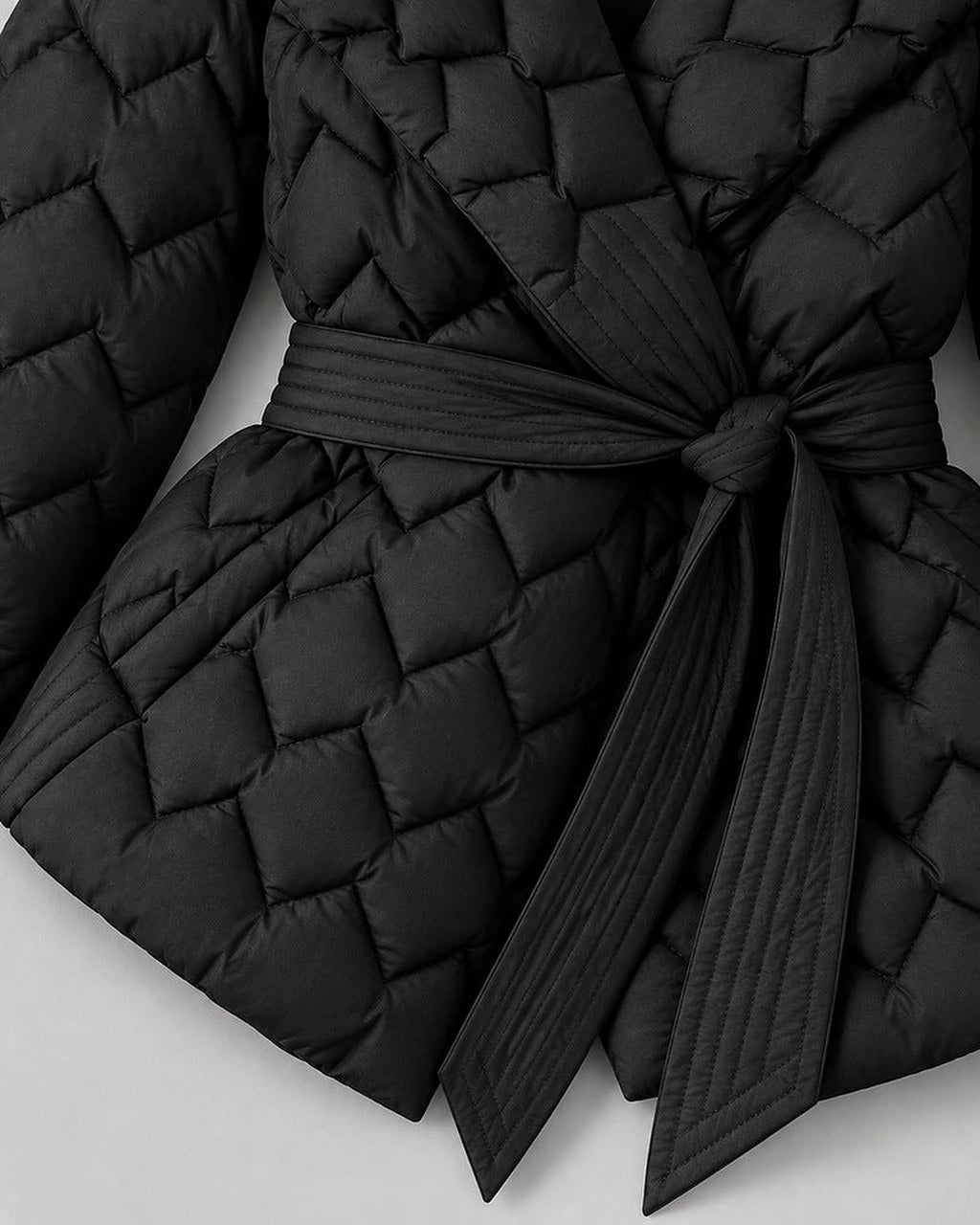 Women's Puffer Jacket with Shawl Collar and Belt, Quilted Wrap Style – Eliza Lou