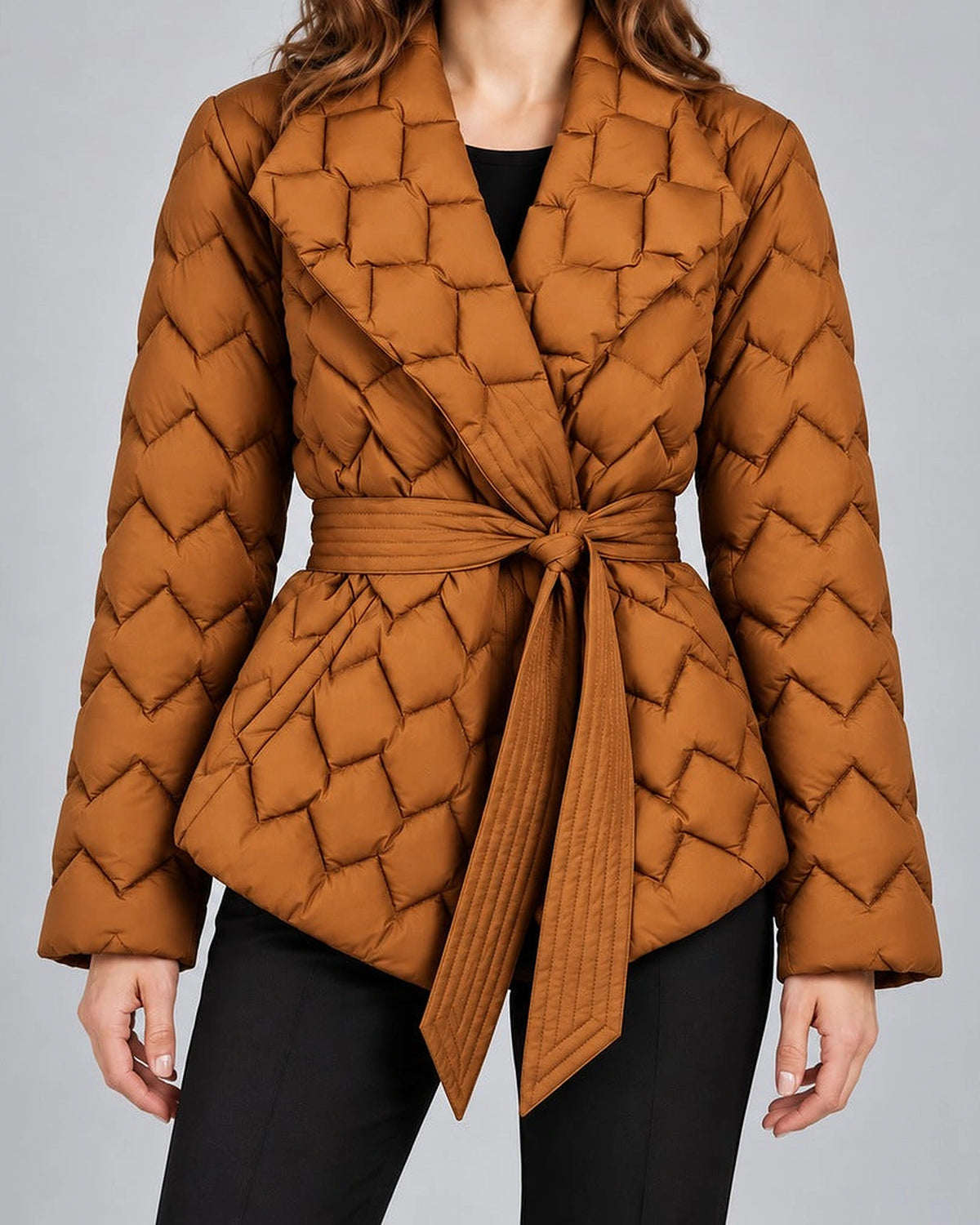 Women's Puffer Jacket with Shawl Collar and Belt, Quilted Wrap Style – Eliza Lou