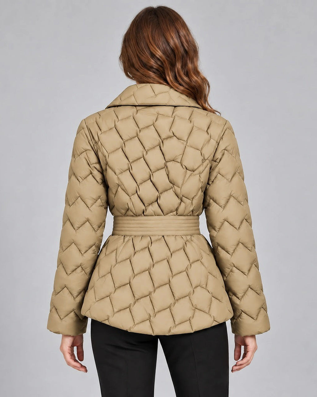Women's Puffer Jacket with Shawl Collar and Belt, Quilted Wrap Style – Eliza Lou