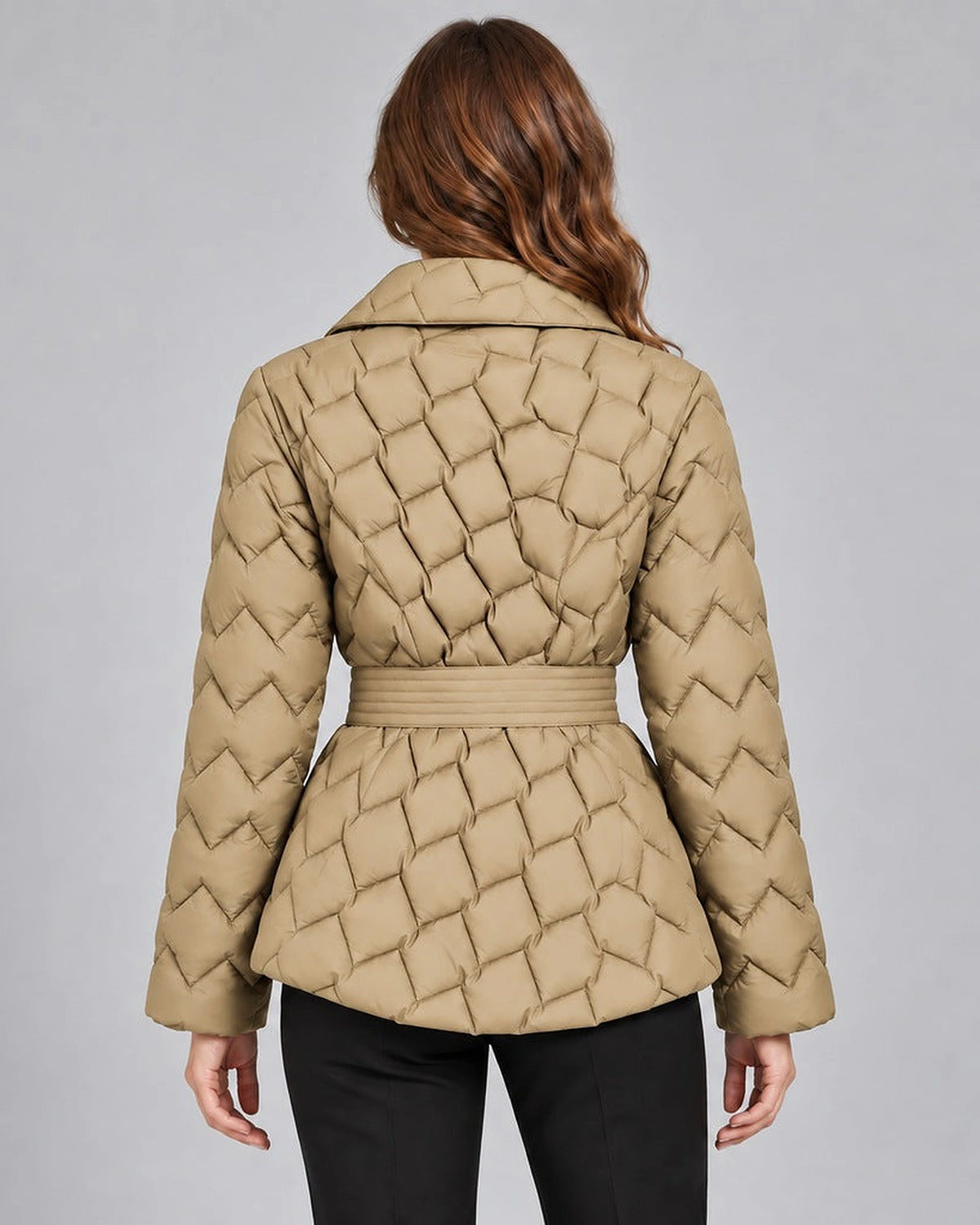 Women's Puffer Jacket with Shawl Collar and Belt, Quilted Wrap Style – Eliza Lou