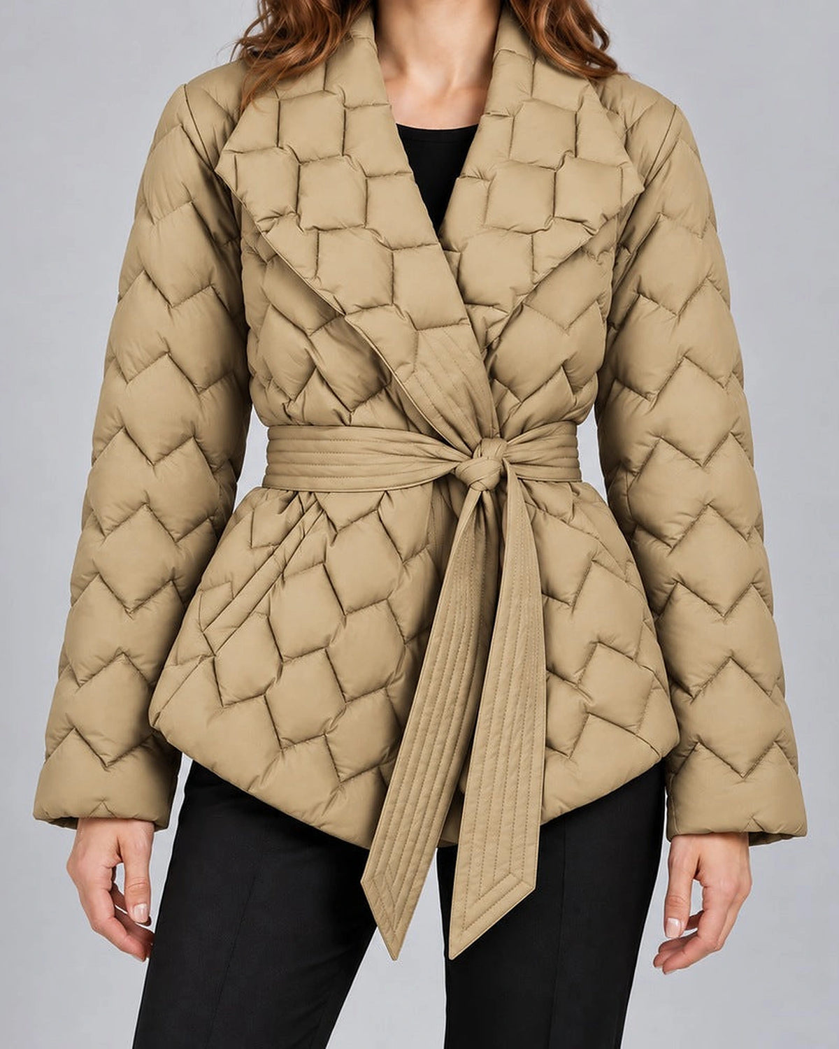 Women's Puffer Jacket with Shawl Collar and Belt, Quilted Wrap Style – Eliza Lou