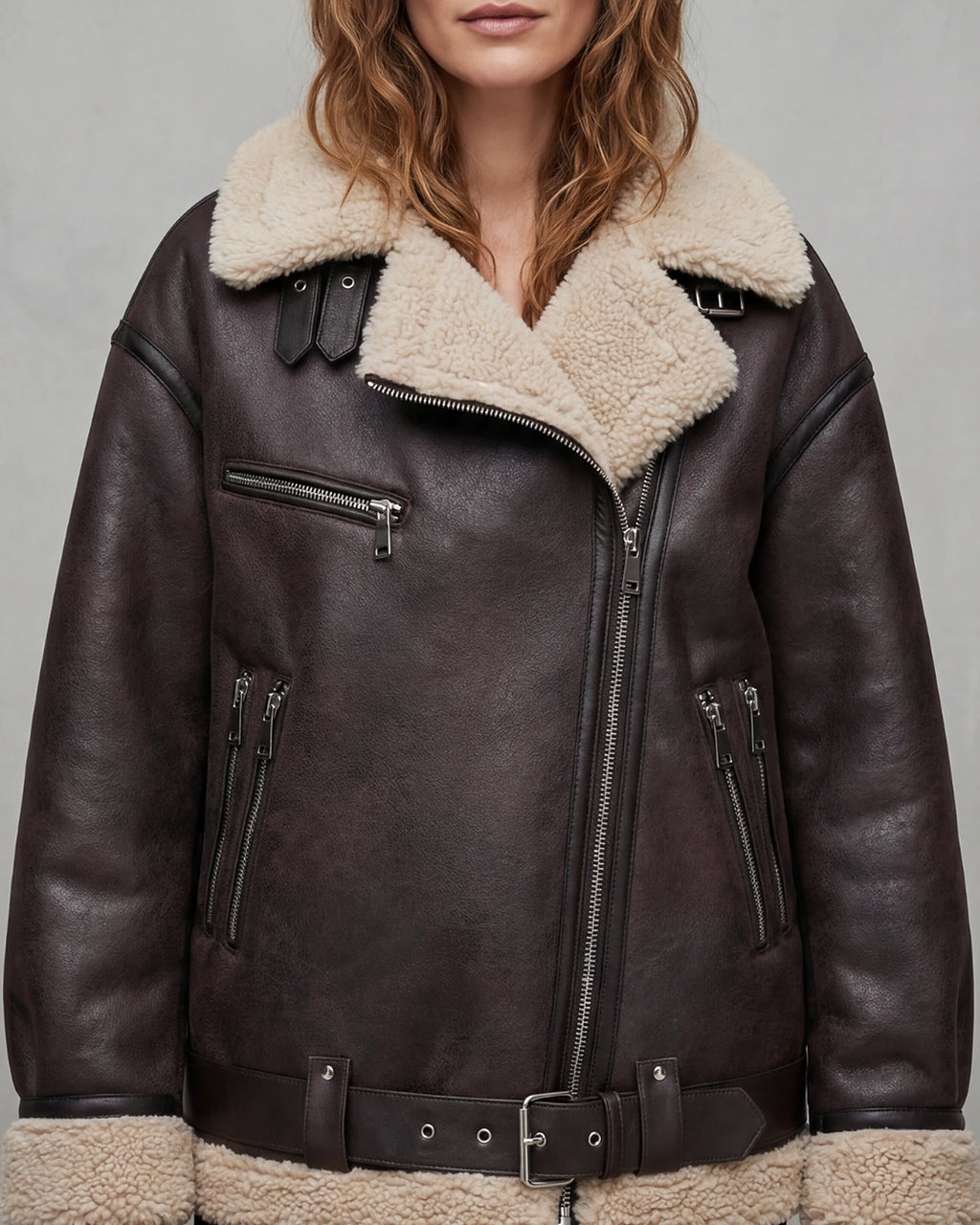 Women's Belted Biker Aviator Jacket with Shearling Trim and Fur Collar – Iris Grey