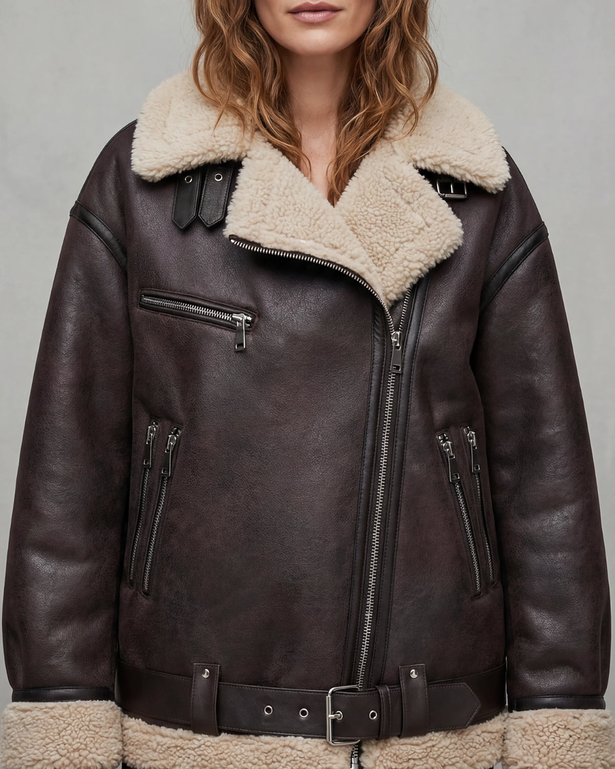 Women's Belted Biker Aviator Jacket with Shearling Trim and Fur Collar – Iris Grey