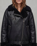 Women's Belted Biker Aviator Jacket with Shearling Trim and Fur Collar – Iris Grey