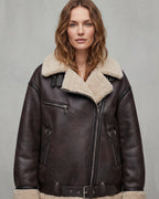 Women's Belted Biker Aviator Jacket with Shearling Trim and Fur Collar – Iris Grey