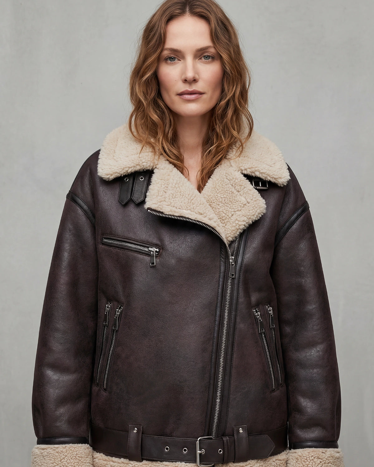 Women's Belted Biker Aviator Jacket with Shearling Trim and Fur Collar – Iris Grey