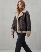 Women's Belted Biker Aviator Jacket with Shearling Trim and Fur Collar – Iris Grey