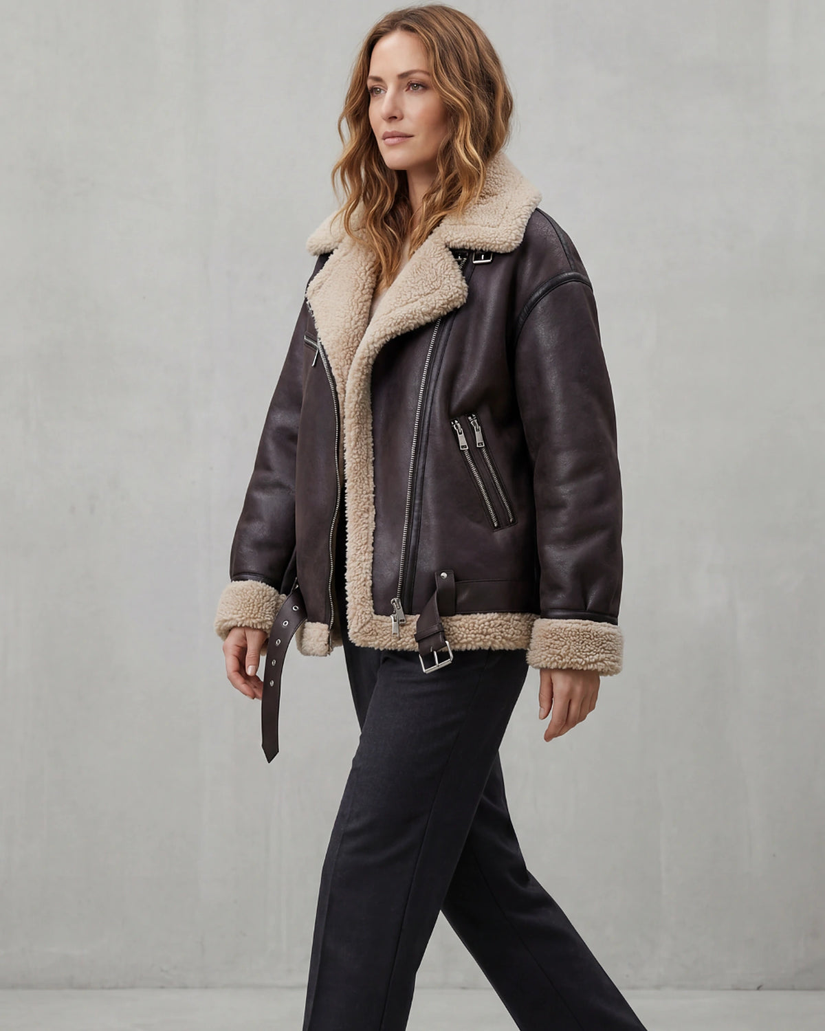 Women's Belted Biker Aviator Jacket with Shearling Trim and Fur Collar – Iris Grey