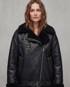 Women's Belted Biker Aviator Jacket with Shearling Trim and Fur Collar – Iris Grey