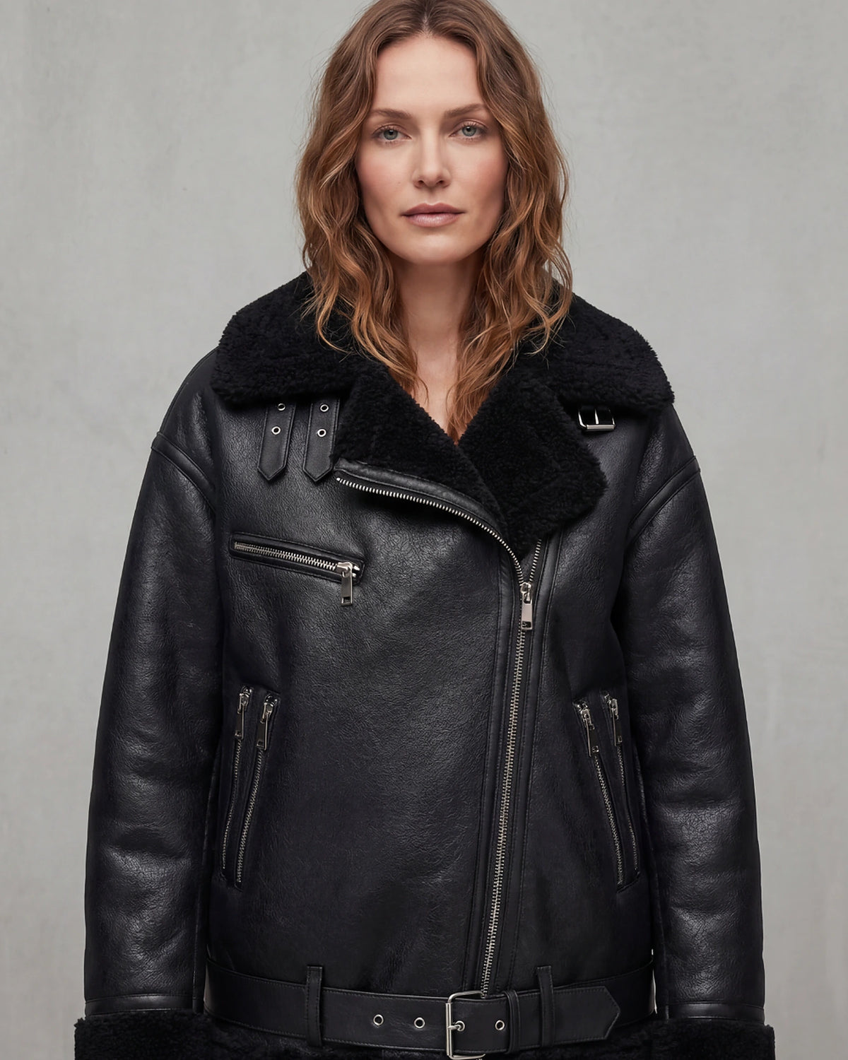 Women's Belted Biker Aviator Jacket with Shearling Trim and Fur Collar – Iris Grey