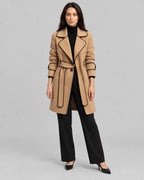 Women's Coat in Wool Blend with Belt and Contrast Piping Trim, Wrap Style – Kiki