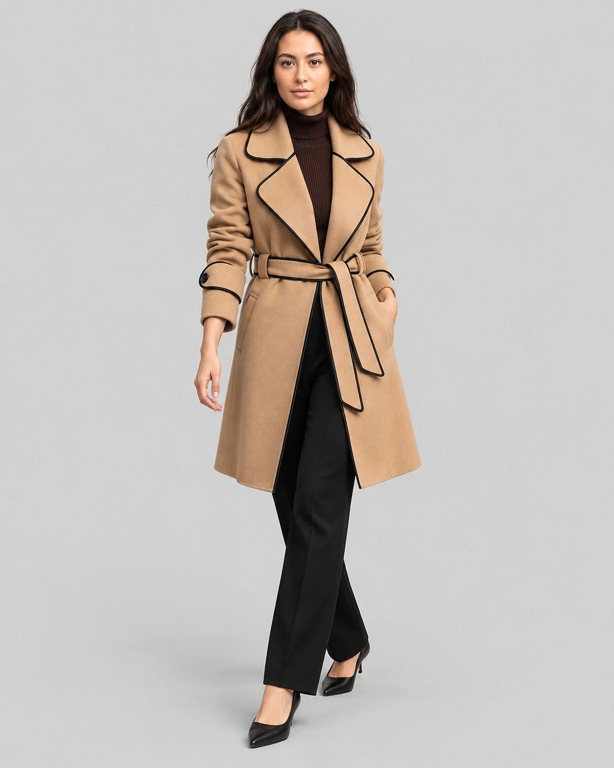 Women's Coat in Wool Blend with Belt and Contrast Piping Trim, Wrap Style – Kiki
