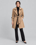 Women's Coat in Wool Blend with Belt and Contrast Piping Trim, Wrap Style – Kiki