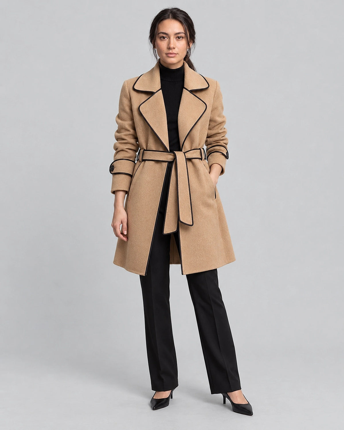 Women's Coat in Wool Blend with Belt and Contrast Piping Trim, Wrap Style – Kiki