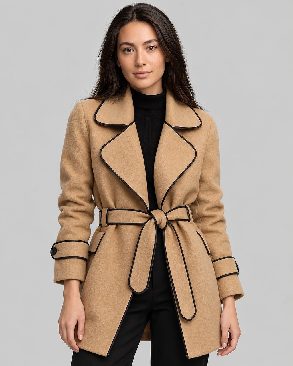 Women's Coat in Wool Blend with Belt and Contrast Piping Trim, Wrap Style – Kiki