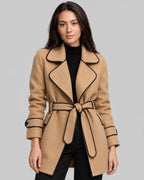 Women's Coat in Wool Blend with Belt and Contrast Piping Trim, Wrap Style – Kiki