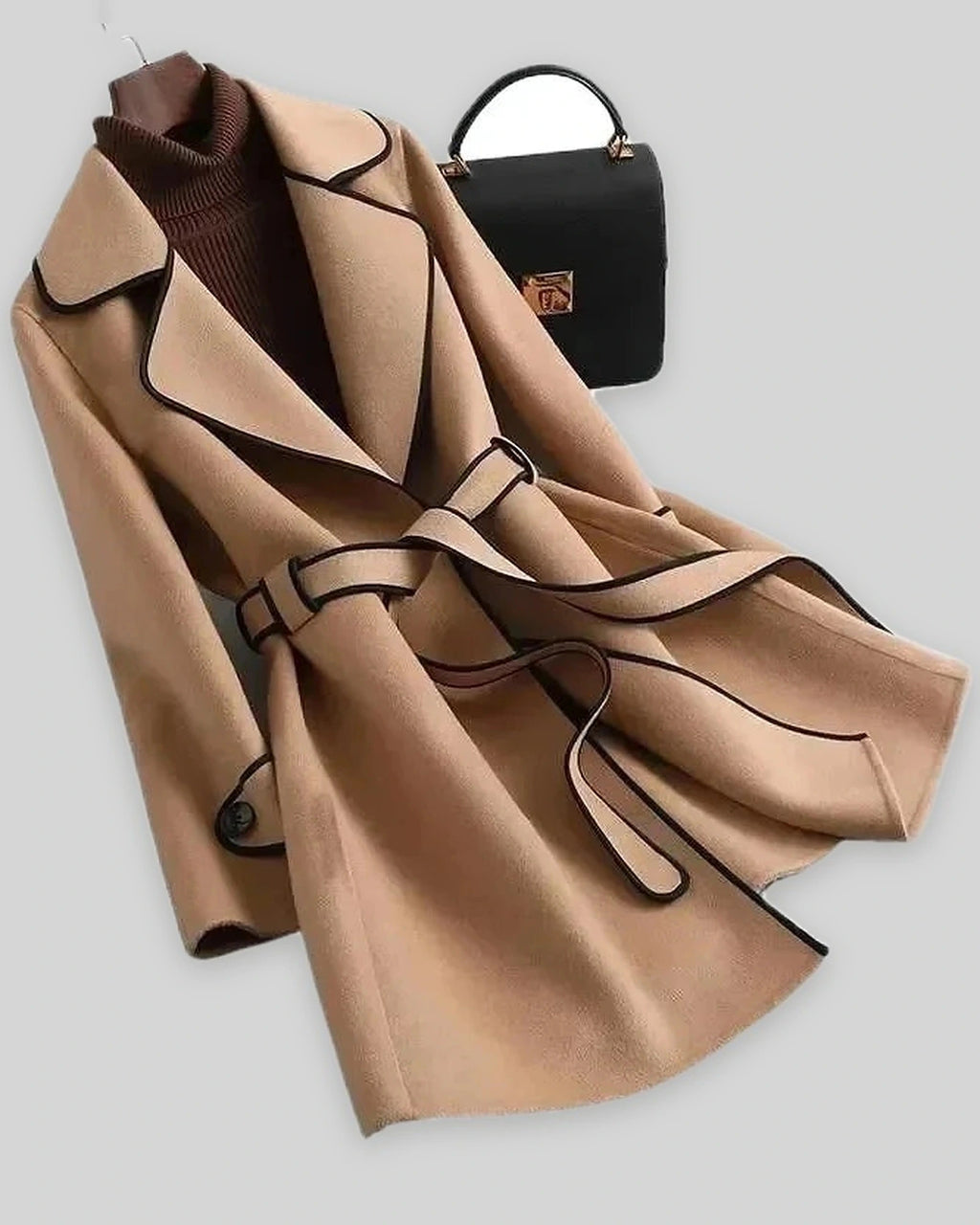 Women's Coat in Wool Blend with Belt and Contrast Piping Trim, Wrap Style – Kiki
