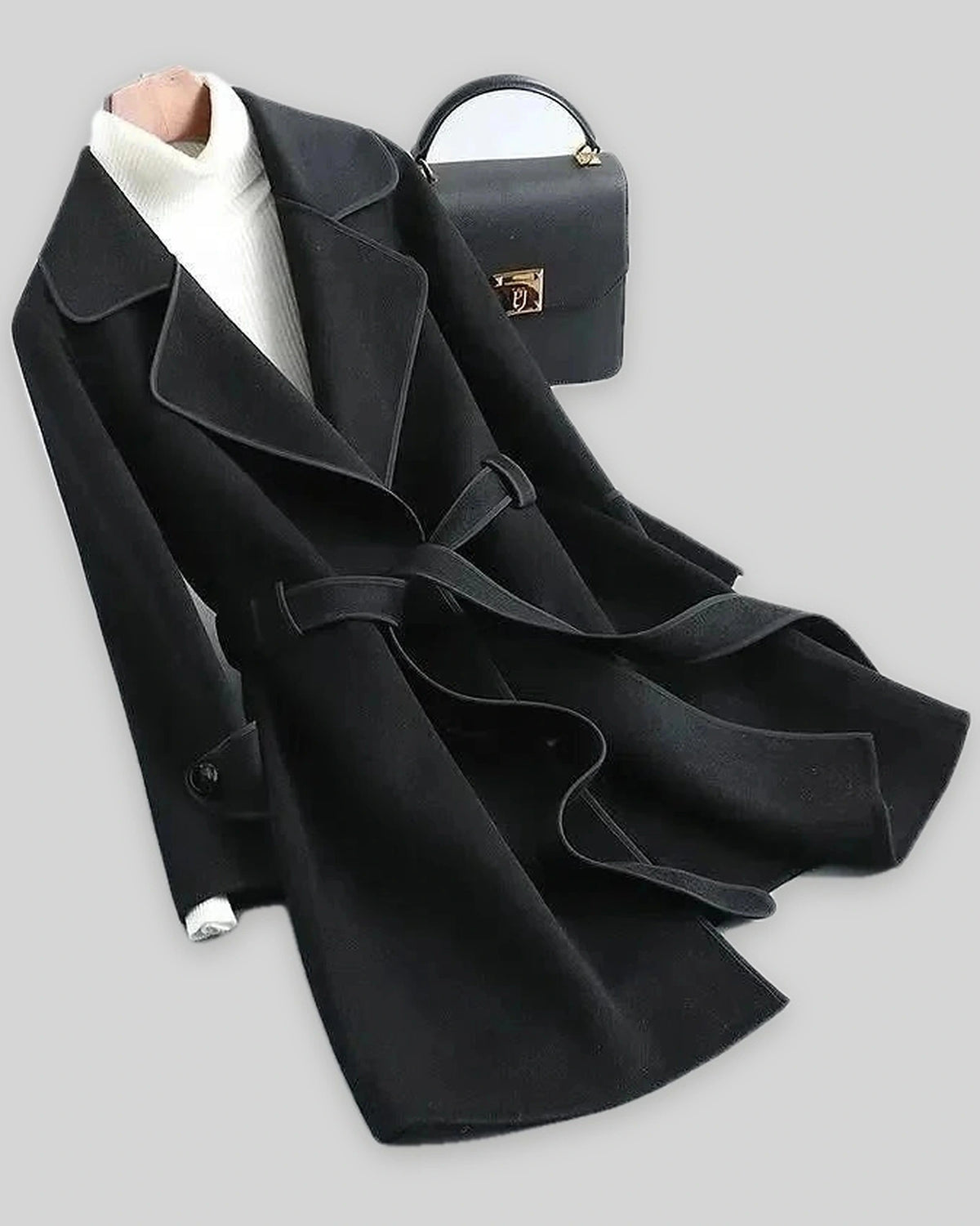 Women's Coat in Wool Blend with Belt and Contrast Piping Trim, Wrap Style – Kiki