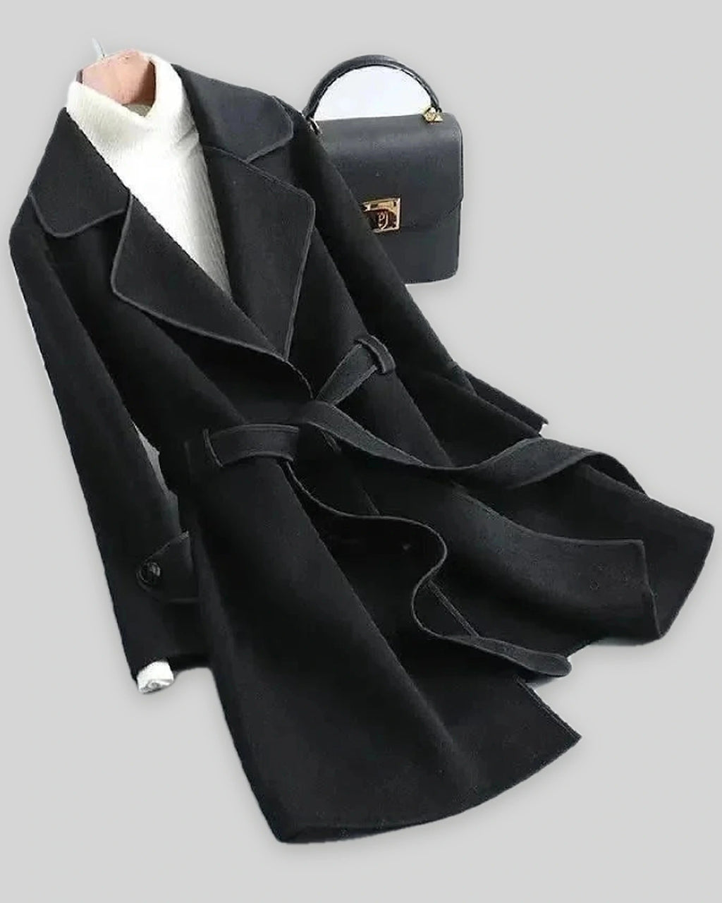 Women's Coat in Wool Blend with Belt and Contrast Piping Trim, Wrap Style – Kiki