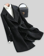 Women's Coat in Wool Blend with Belt and Contrast Piping Trim, Wrap Style – Kiki