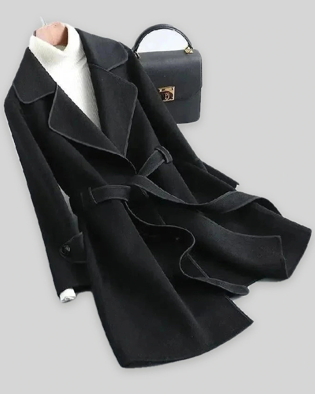 Women's Coat in Wool Blend with Belt and Contrast Piping Trim, Wrap Style – Kiki