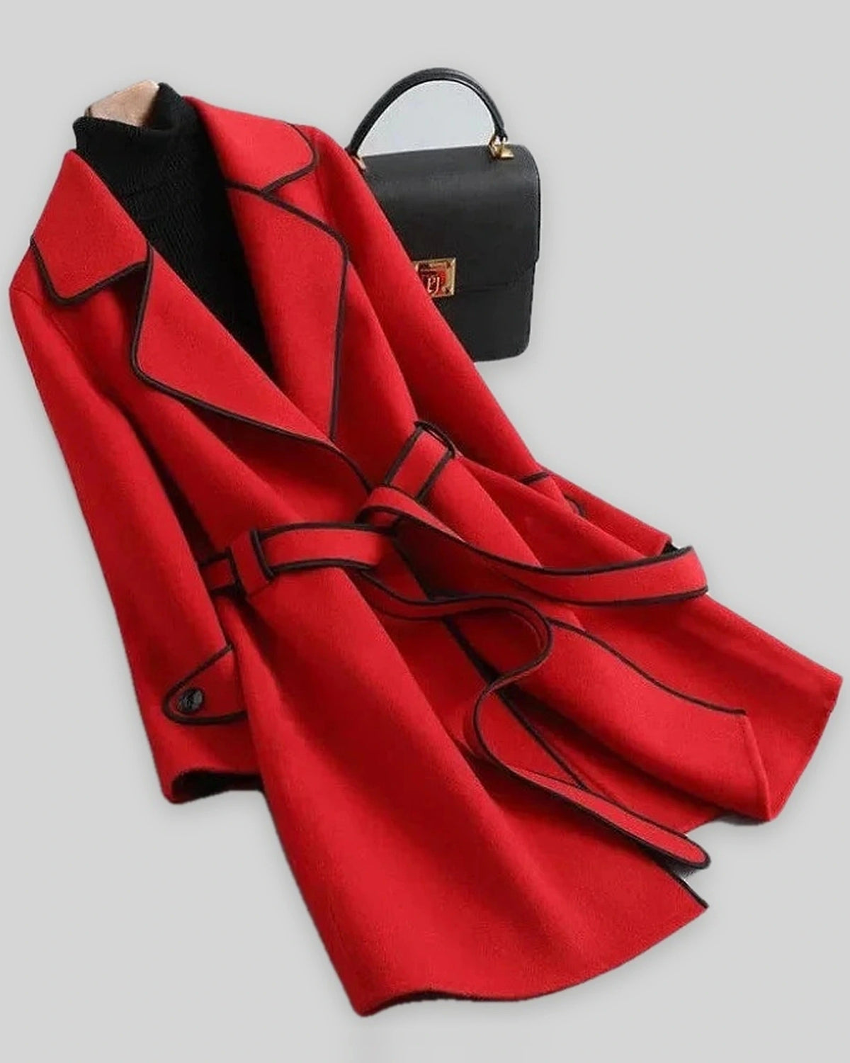Women's Coat in Wool Blend with Belt and Contrast Piping Trim, Wrap Style – Kiki