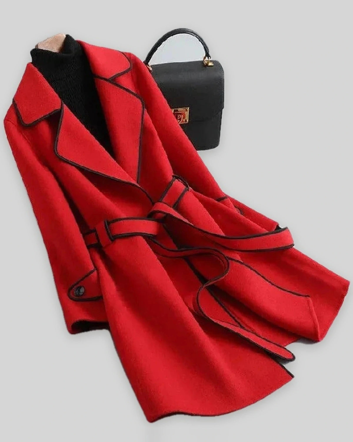 Women's Coat in Wool Blend with Belt and Contrast Piping Trim, Wrap Style – Kiki