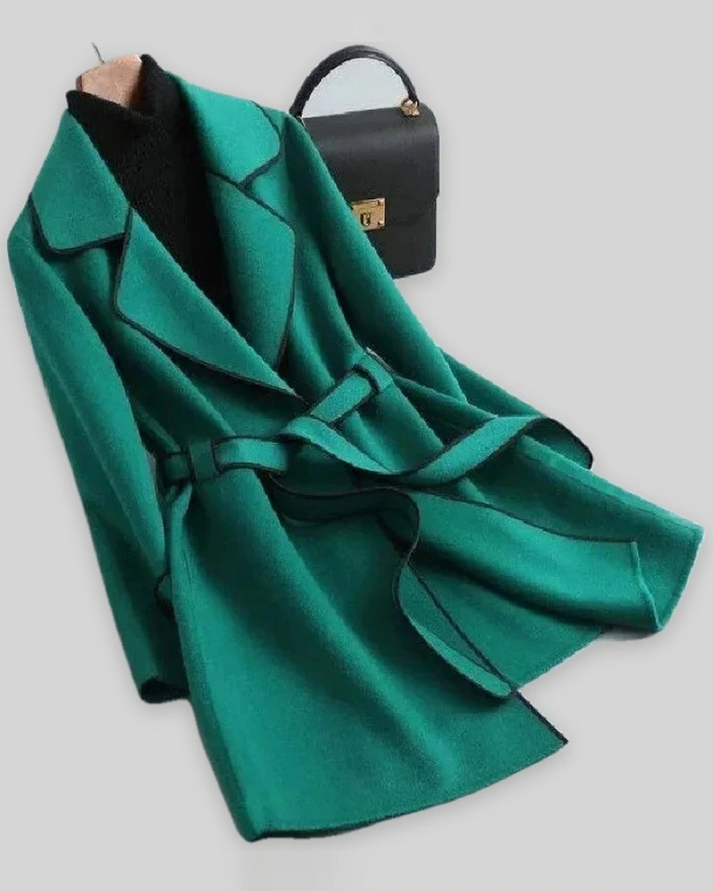 Women's Coat in Wool Blend with Belt and Contrast Piping Trim, Wrap Style – Kiki