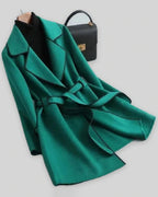 Women's Coat in Wool Blend with Belt and Contrast Piping Trim, Wrap Style – Kiki
