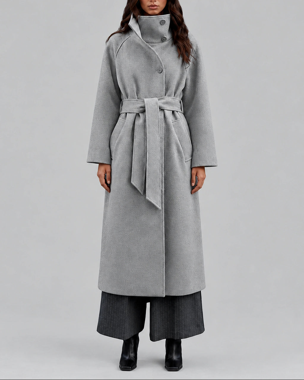 Women's Coat in a Long Belted Wrap Style with Wide Collar and Side Pockets – Sofia