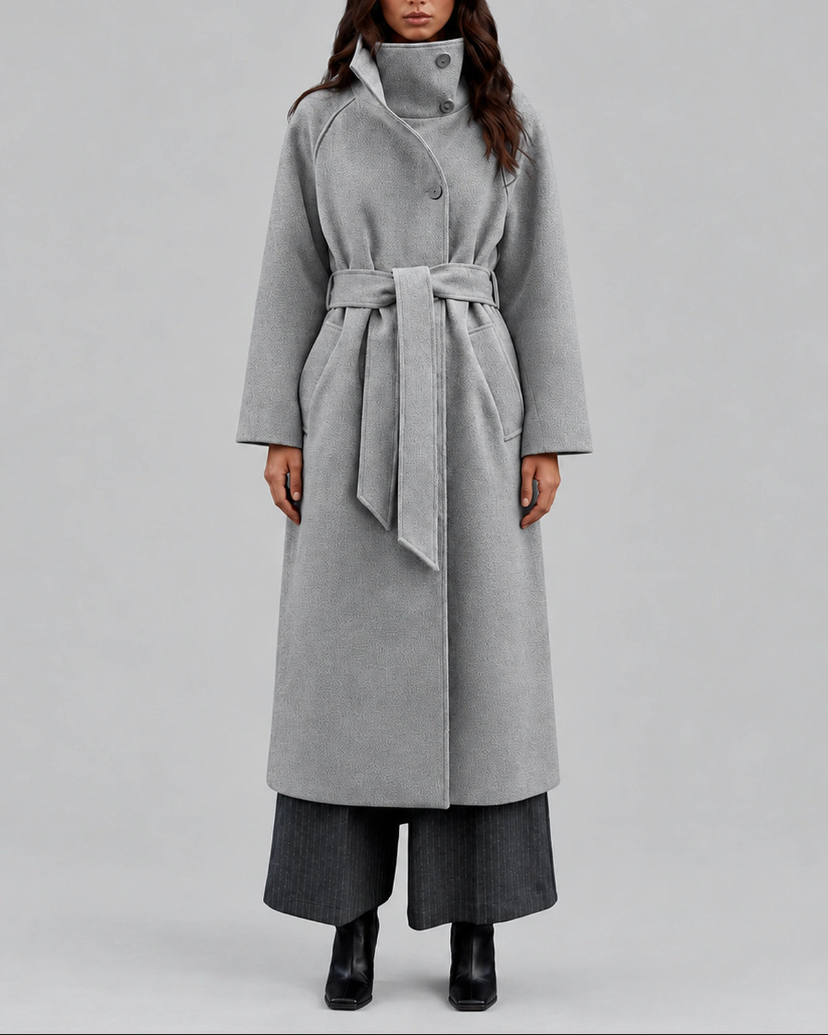 Women's Coat in a Long Belted Wrap Style with Wide Collar and Side Pockets – Sofia